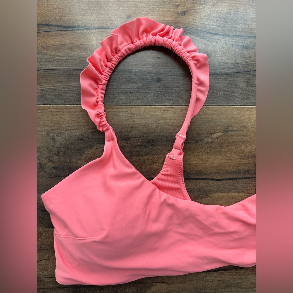 Aerie Neon Coral Ruffle Strap Bikini Top XL Scoop Bralette - Picture 2 of 4